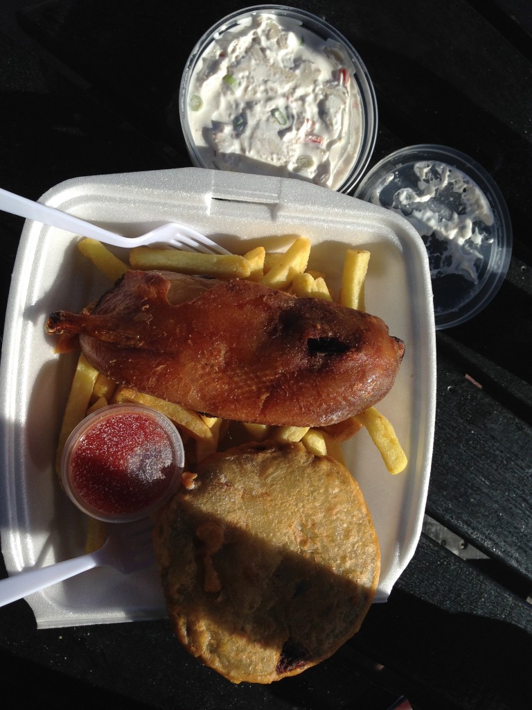 Mutton bird, paua pattie, fries, raw fish